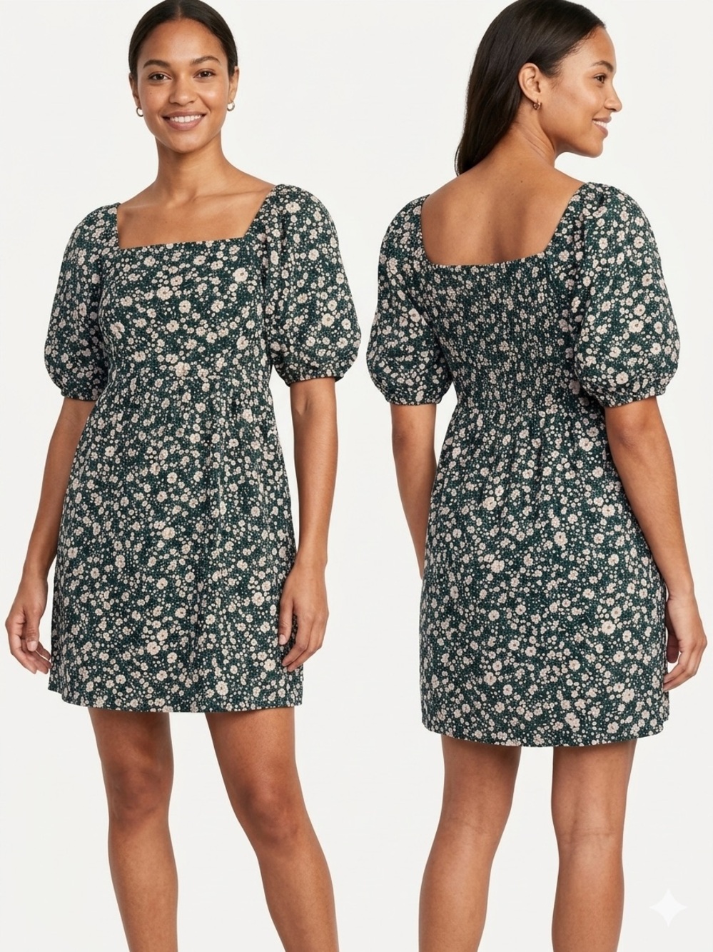 Old Navy Dark Green Floral Square-Neck Puff Sleeve Mini Dress